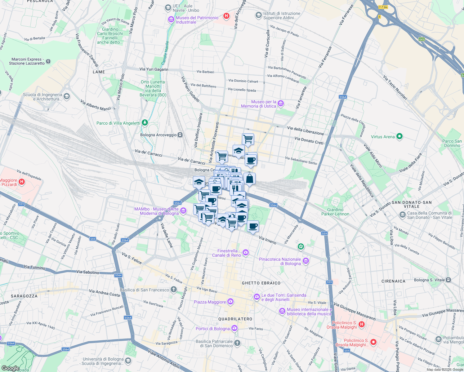 map of restaurants, bars, coffee shops, grocery stores, and more near Piazza delle Medaglie d'Oro in Bologna