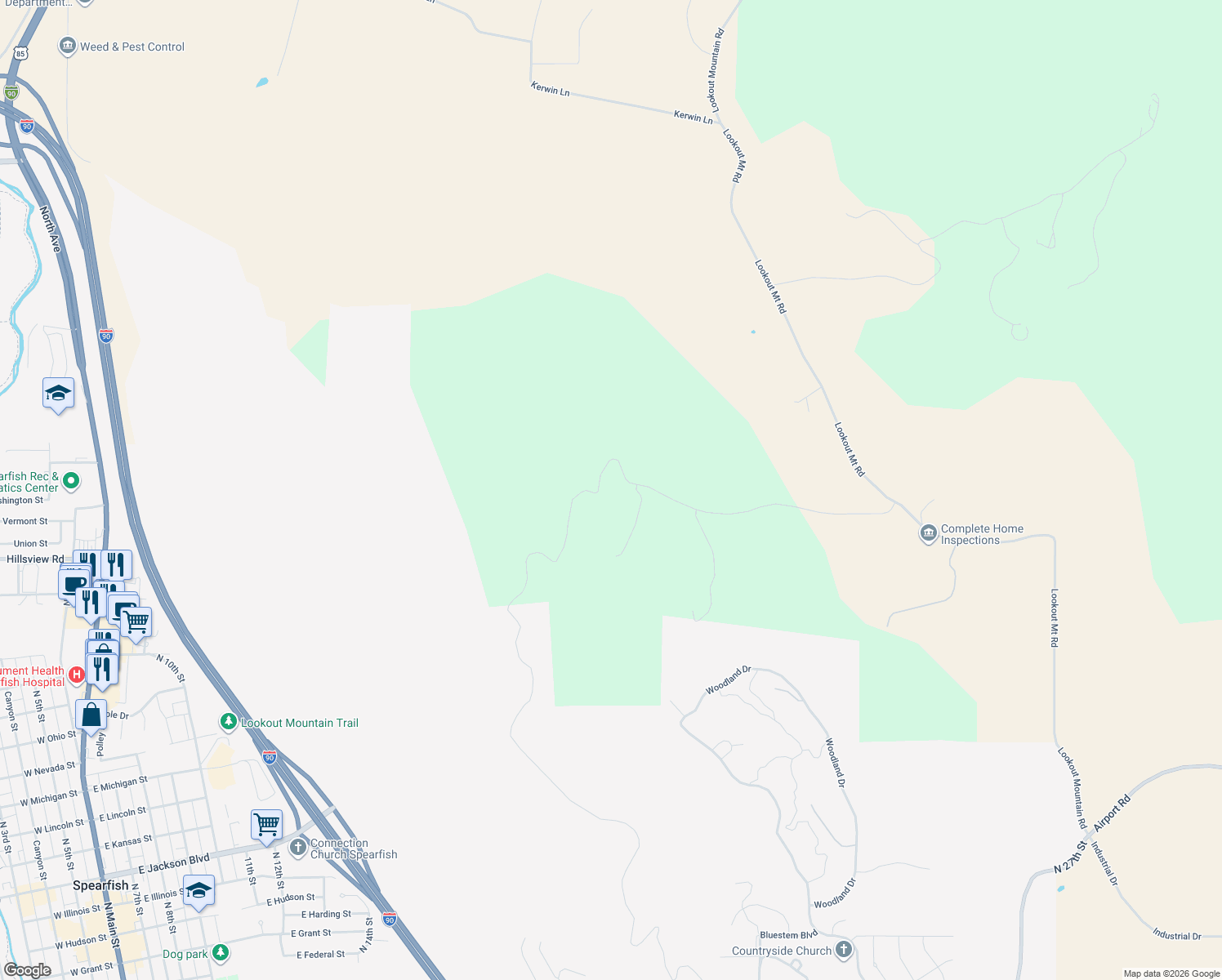 map of restaurants, bars, coffee shops, grocery stores, and more near 2219 Lookout Vista Road in Spearfish
