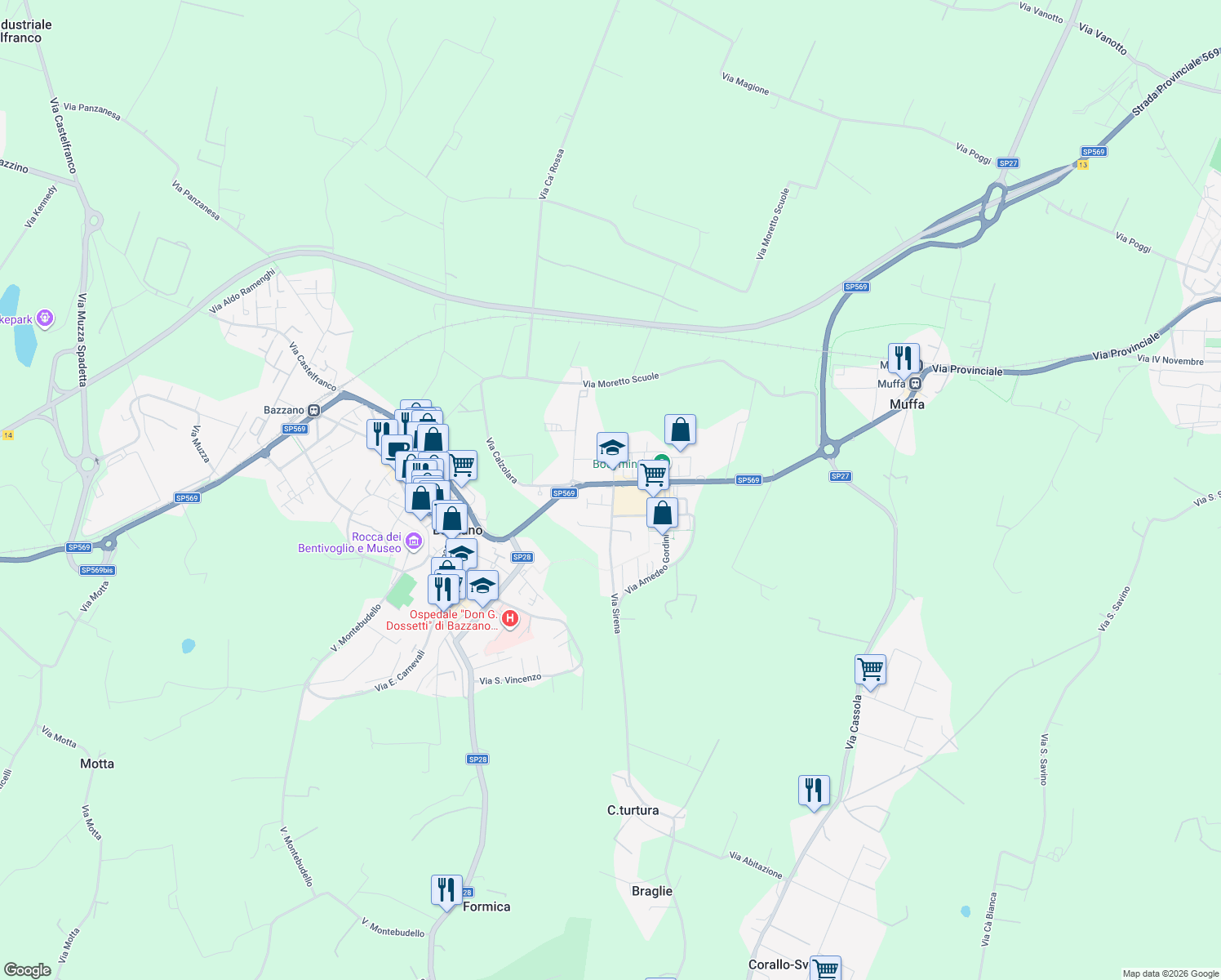 map of restaurants, bars, coffee shops, grocery stores, and more near 12 Via Sirena in Bazzano