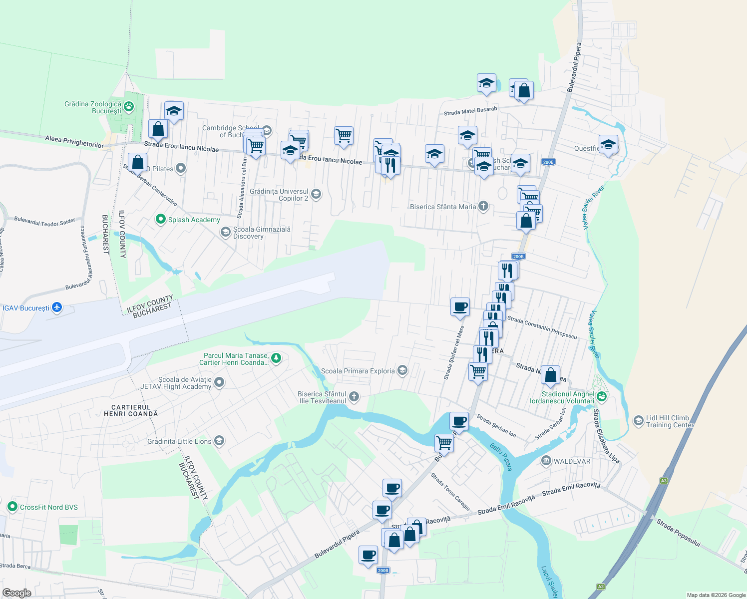 map of restaurants, bars, coffee shops, grocery stores, and more near Drumul Potcoavei in Voluntari