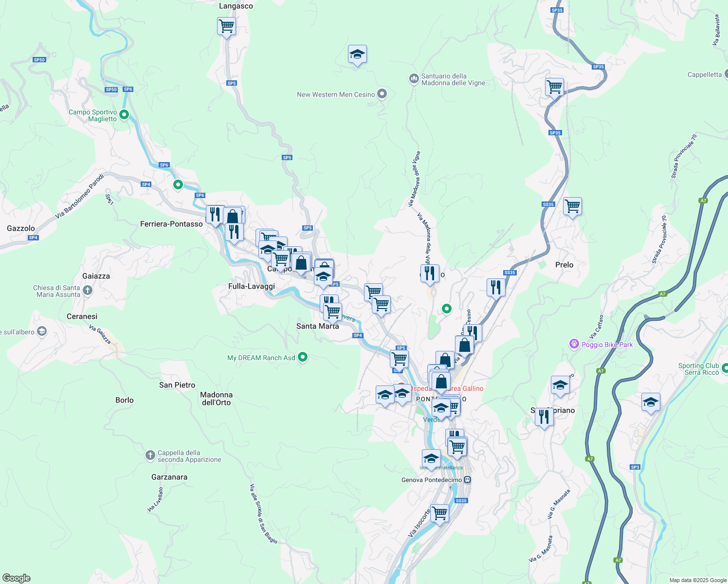 map of restaurants, bars, coffee shops, grocery stores, and more near 123 Via Campomorone in Genova