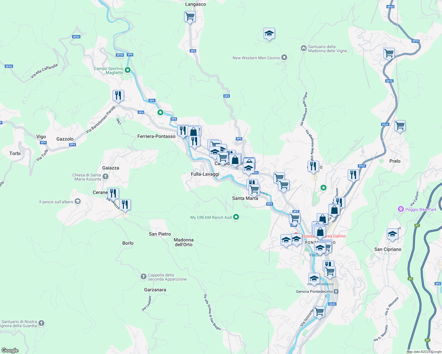 map of restaurants, bars, coffee shops, grocery stores, and more near 103r Via Martiri della Libertà in Campomorone