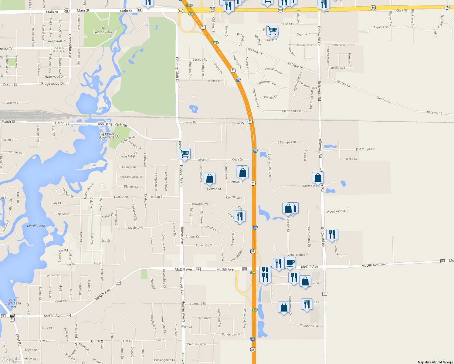 map of restaurants, bars, coffee shops, grocery stores, and more near 5201 Heffron Ct in Stevens Point