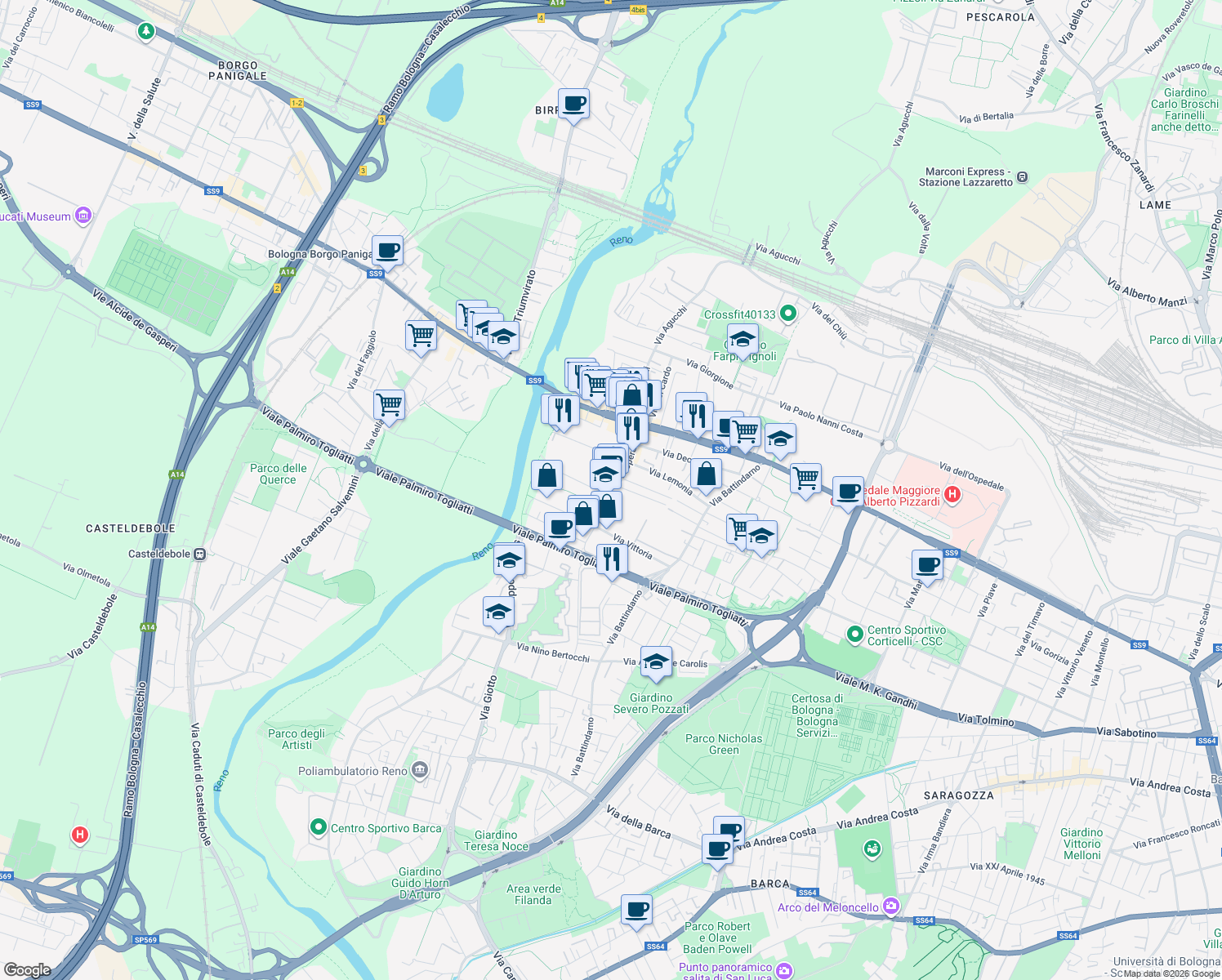 map of restaurants, bars, coffee shops, grocery stores, and more near 43 Via Speranza in Bologna