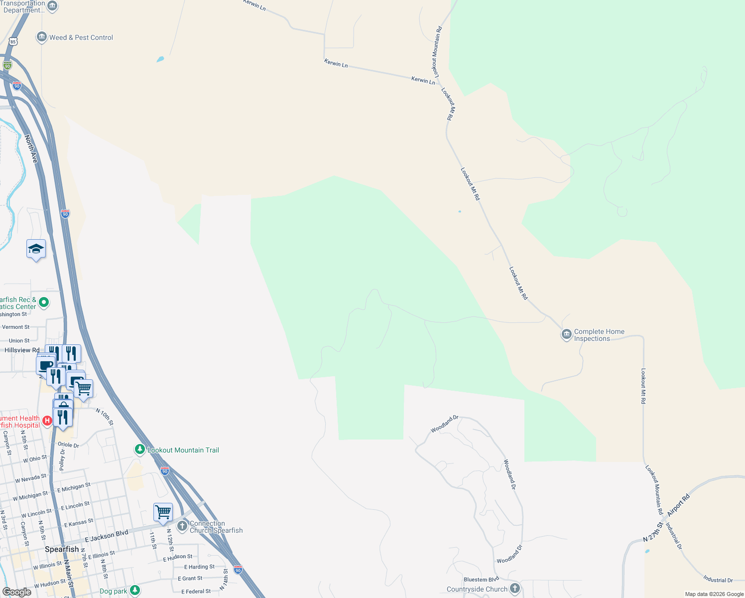 map of restaurants, bars, coffee shops, grocery stores, and more near 2224 Lookout Vista Road in Spearfish