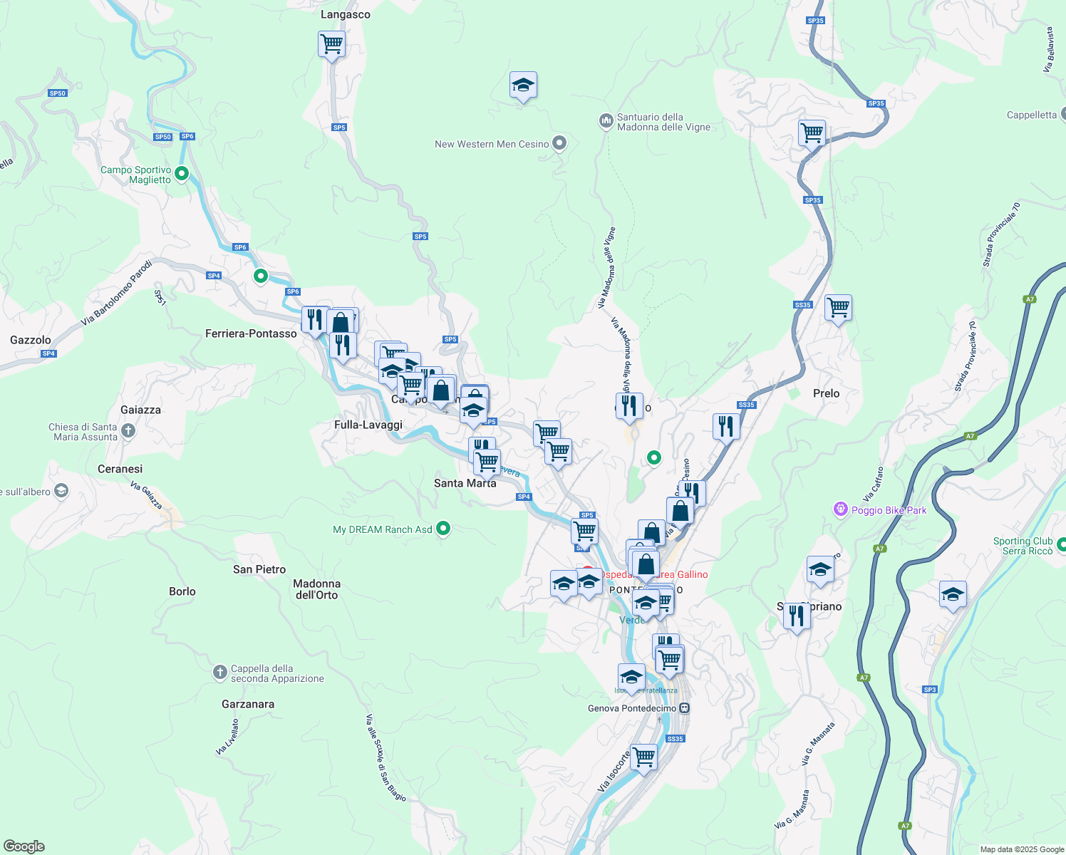 map of restaurants, bars, coffee shops, grocery stores, and more near 123 Via Campomorone in Genova