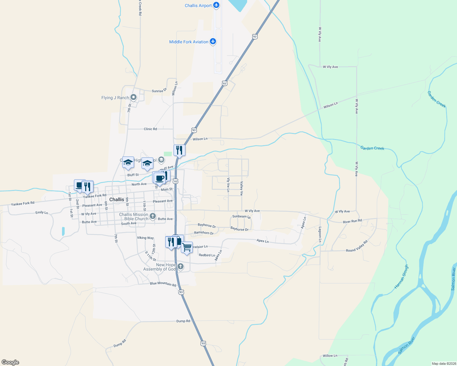 map of restaurants, bars, coffee shops, grocery stores, and more near Valley View in Challis