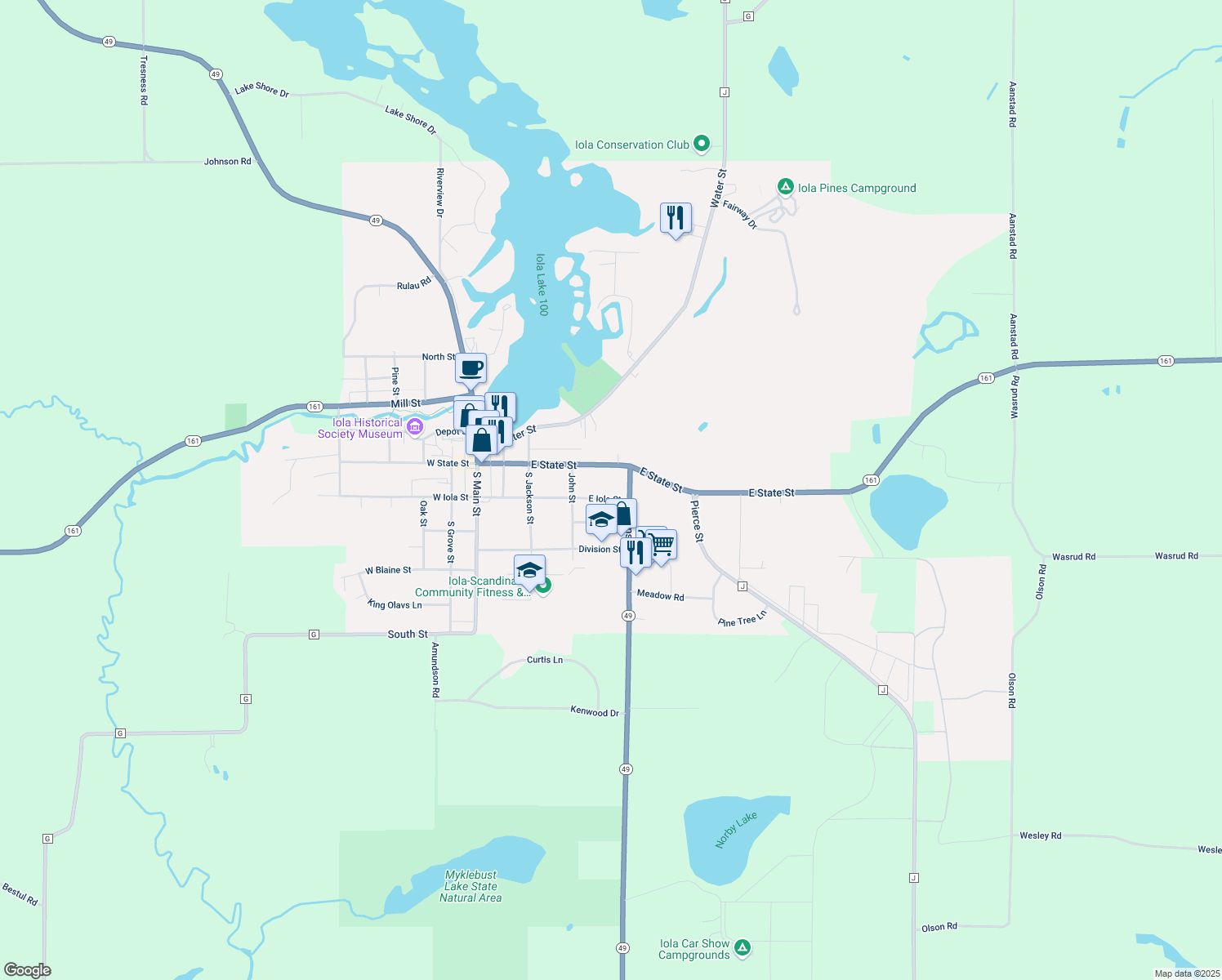 map of restaurants, bars, coffee shops, grocery stores, and more near 475 East Iola Street in Iola