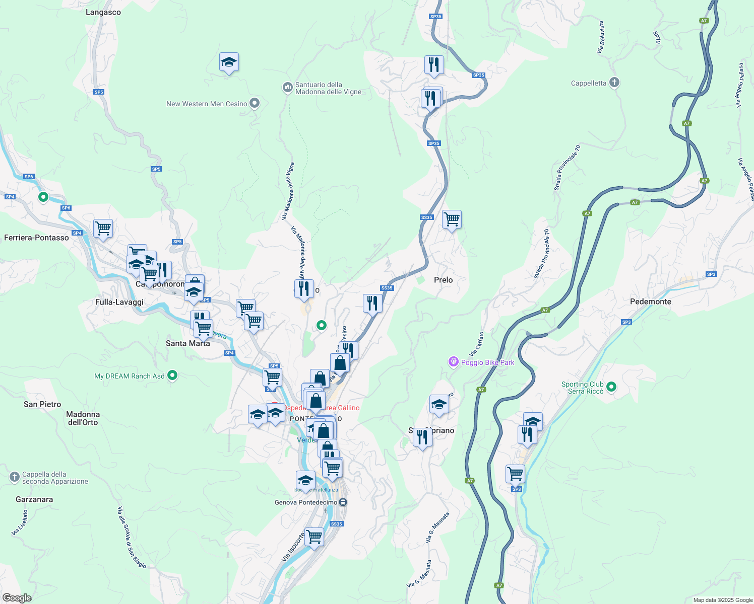 map of restaurants, bars, coffee shops, grocery stores, and more near Via Natale Gallino in Genoa
