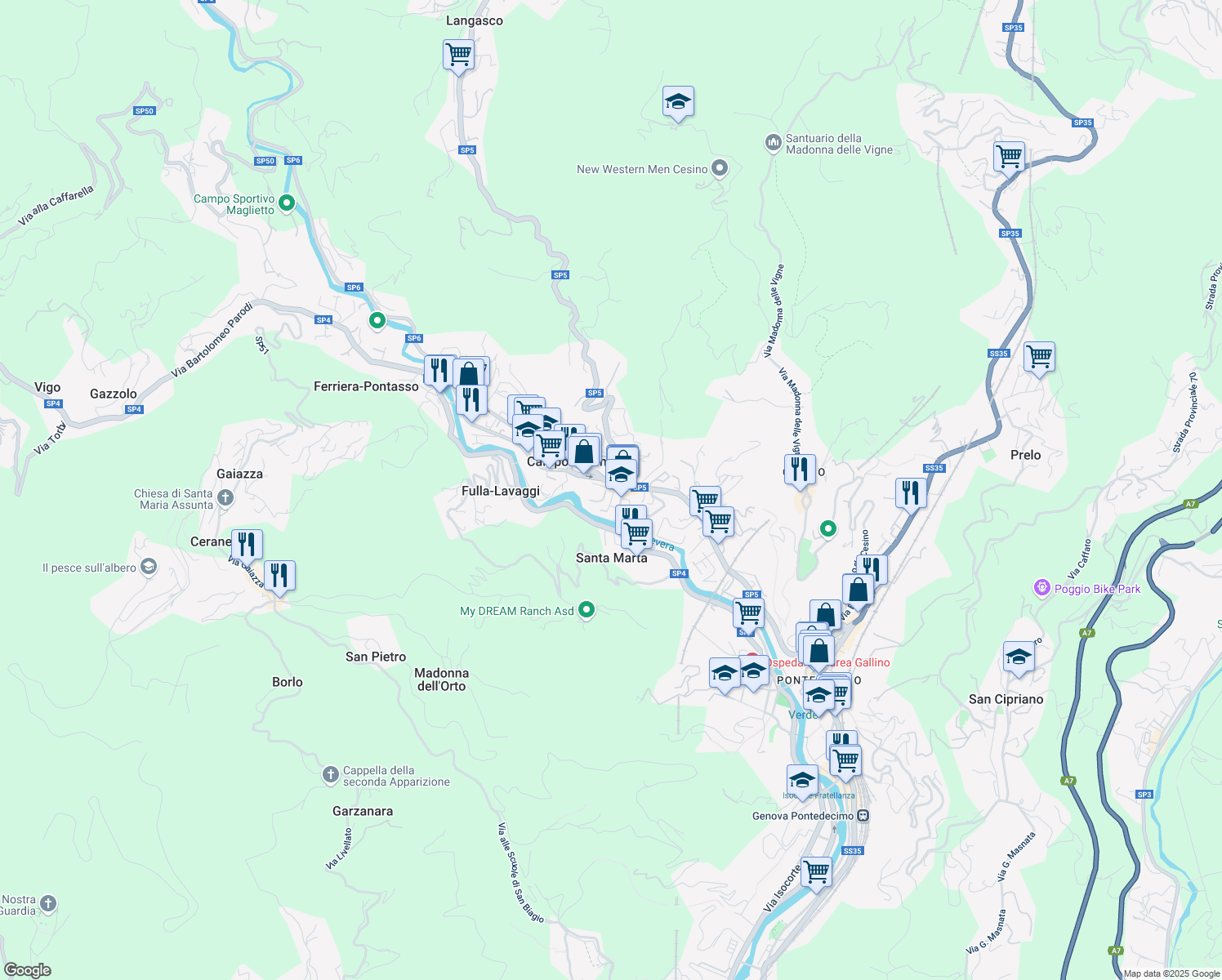 map of restaurants, bars, coffee shops, grocery stores, and more near 26 Piazza Guglielmo Marconi in Campomorone