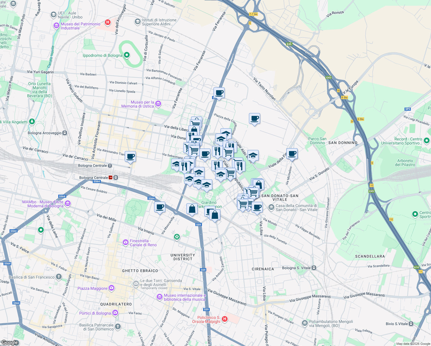 map of restaurants, bars, coffee shops, grocery stores, and more near 23 Via del Lavoro in Bologna