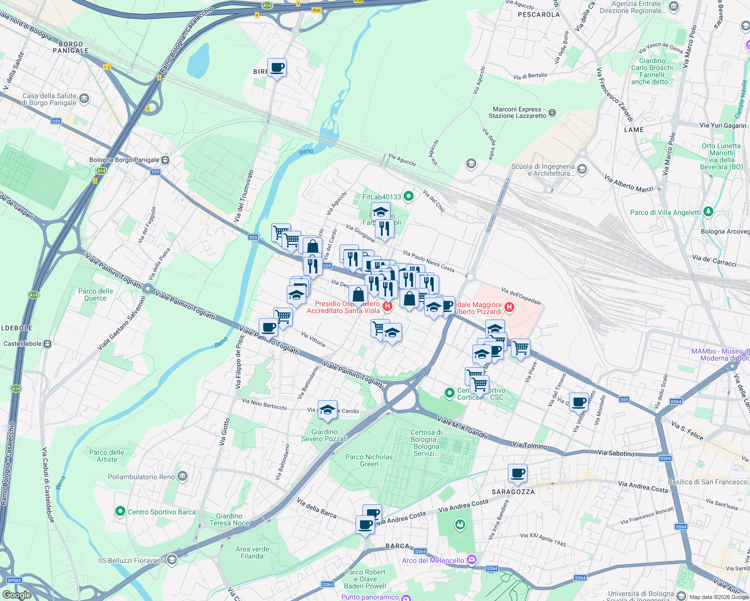 map of restaurants, bars, coffee shops, grocery stores, and more near 15 Via Battindarno in Bologna