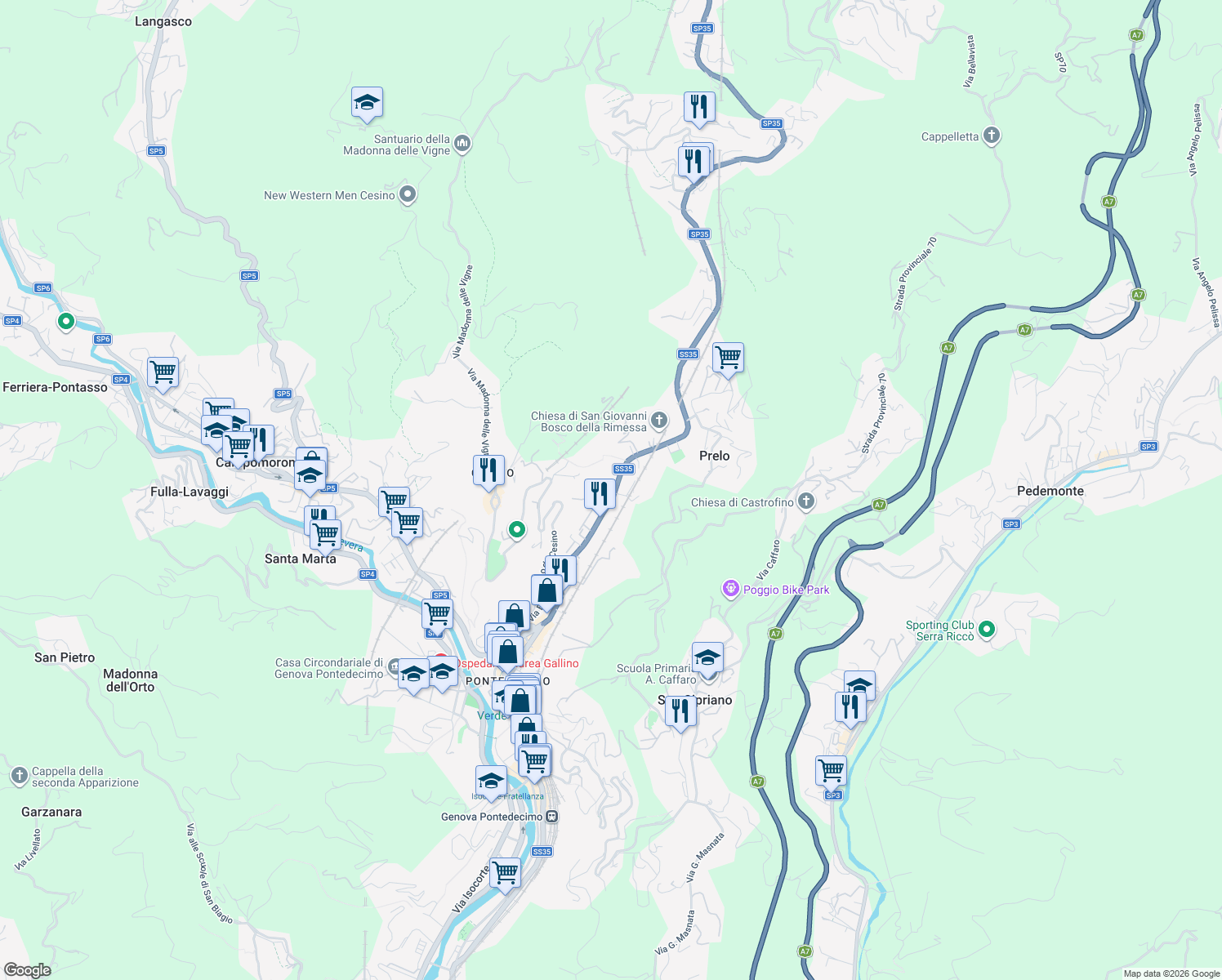 map of restaurants, bars, coffee shops, grocery stores, and more near Via Natale Gallino in Genoa