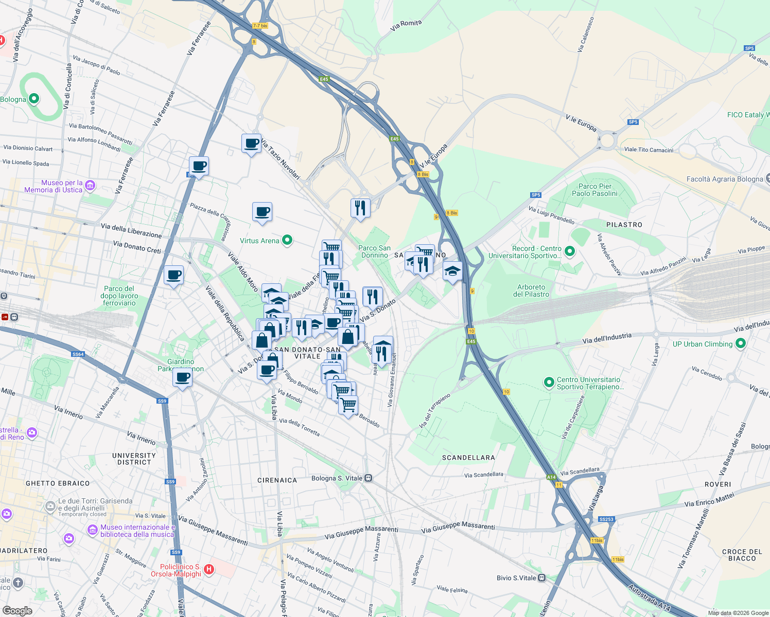 map of restaurants, bars, coffee shops, grocery stores, and more near 127 Via San Donato in Bologna
