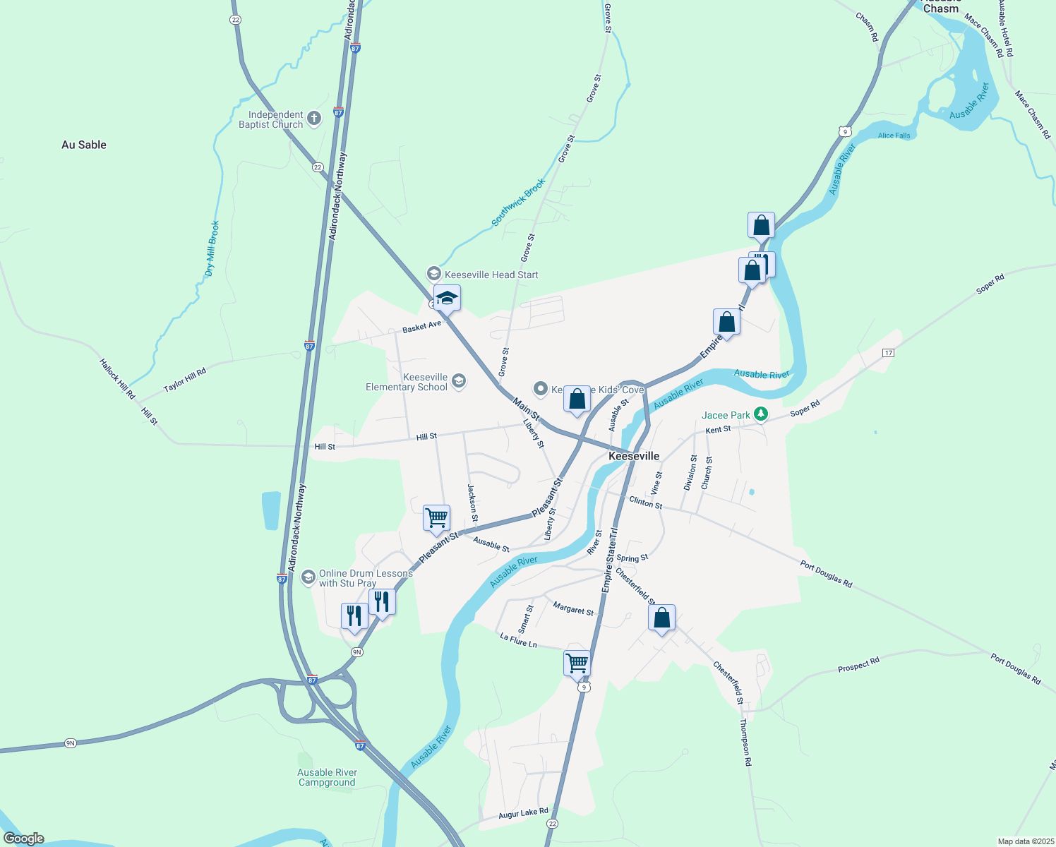 map of restaurants, bars, coffee shops, grocery stores, and more near Hill Street & Liberty Street in Keeseville