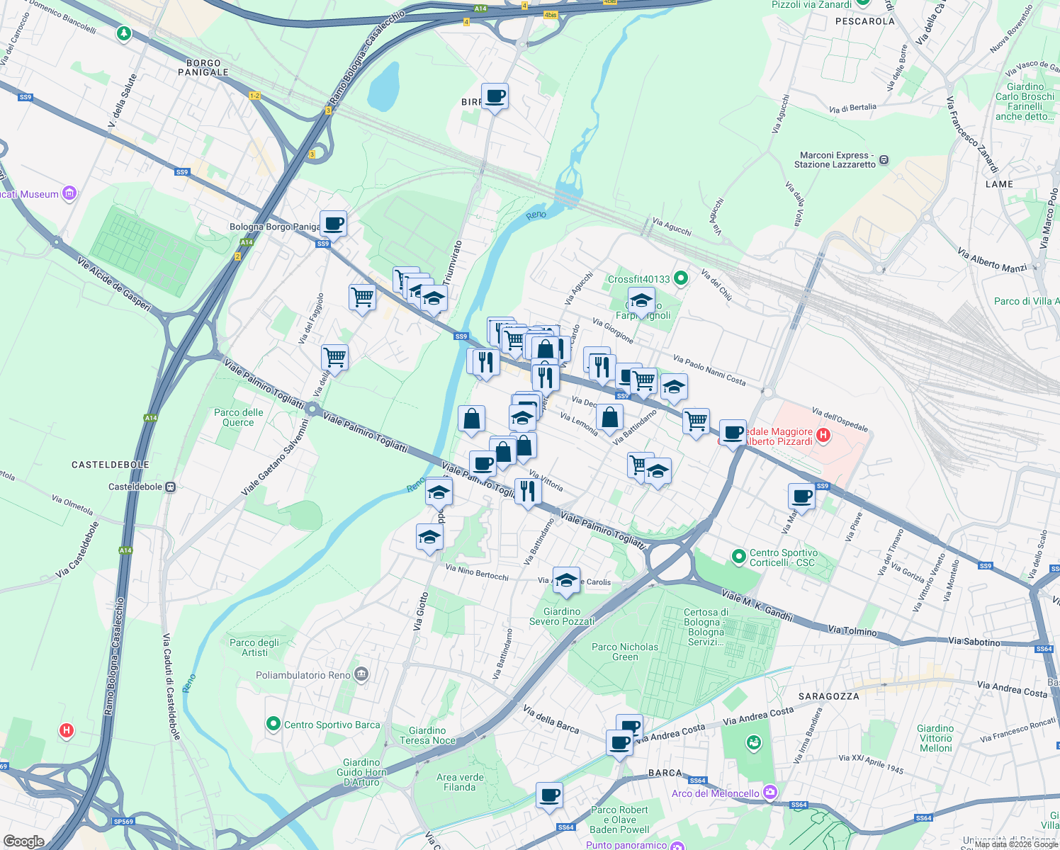 map of restaurants, bars, coffee shops, grocery stores, and more near 43-87 Via Speranza in Bologna