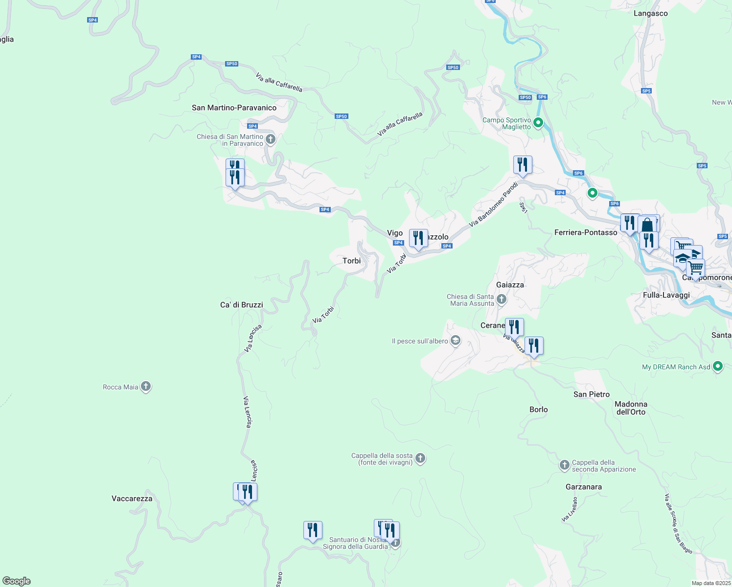 map of restaurants, bars, coffee shops, grocery stores, and more near 7 Via Torbi in Torbi