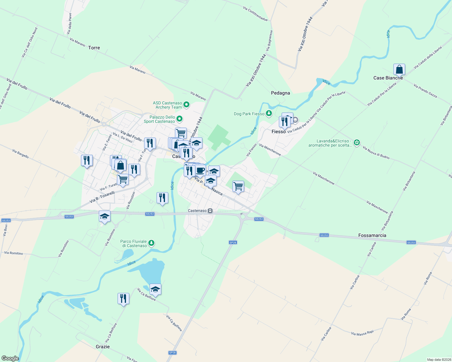 map of restaurants, bars, coffee shops, grocery stores, and more near 8 Via Paolo Fabbri in Castenaso