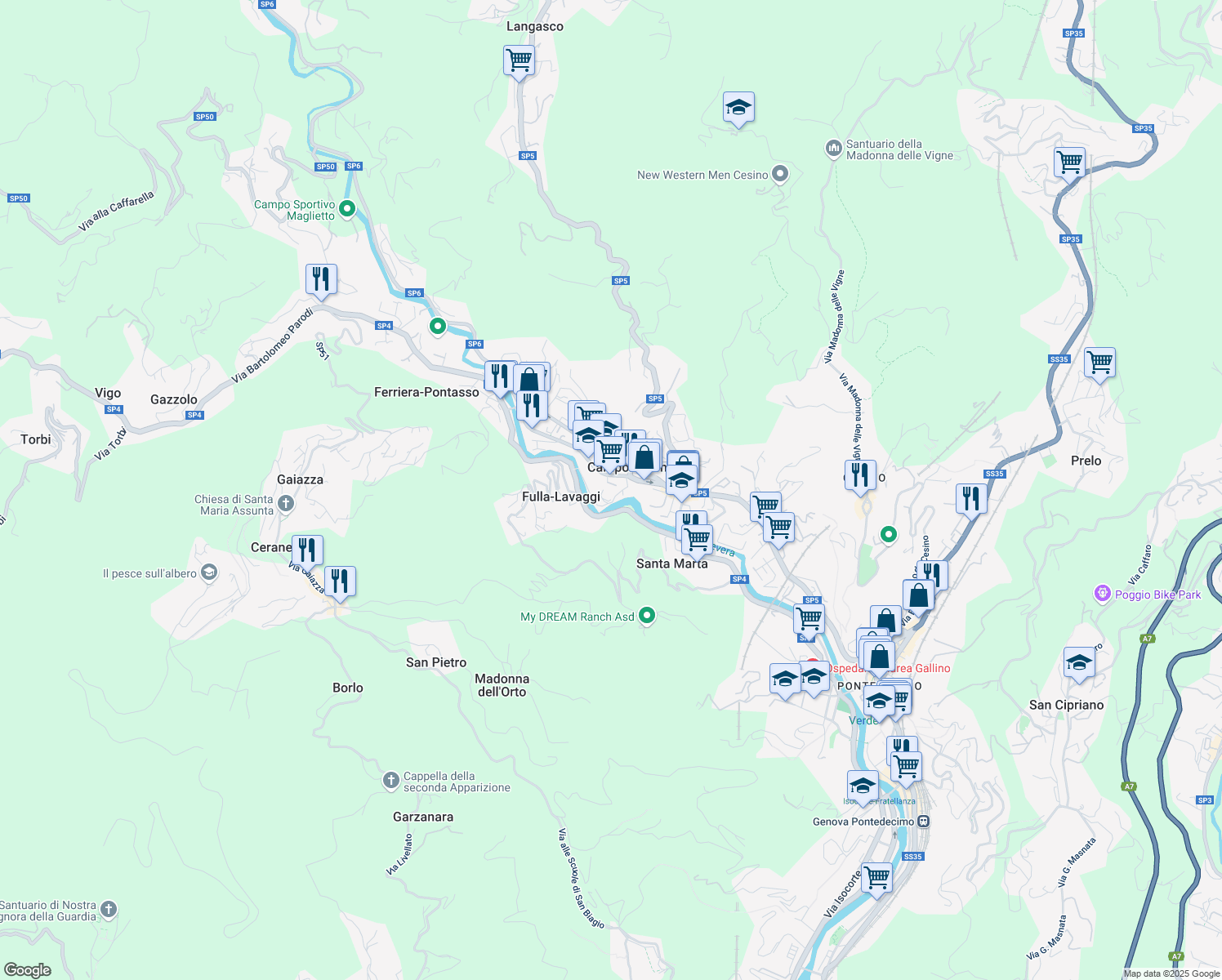map of restaurants, bars, coffee shops, grocery stores, and more near 103r Via Martiri della Libertà in Campomorone