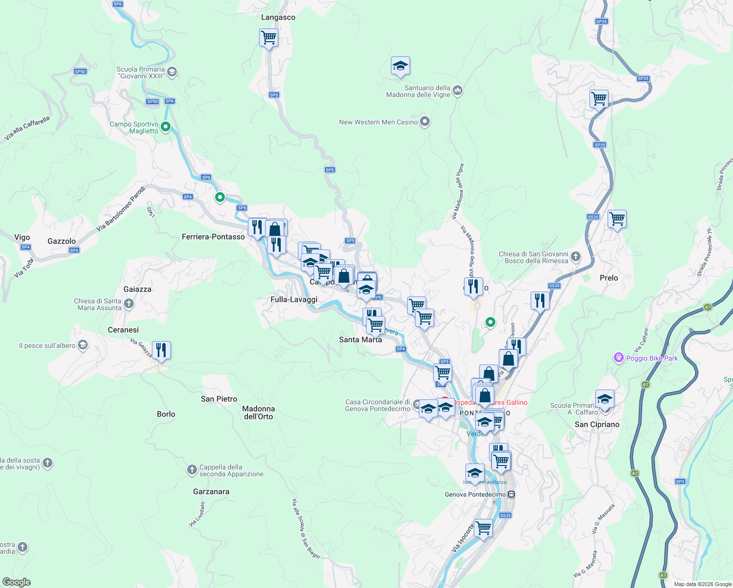 map of restaurants, bars, coffee shops, grocery stores, and more near 2 Piazza Guglielmo Marconi in Campomorone