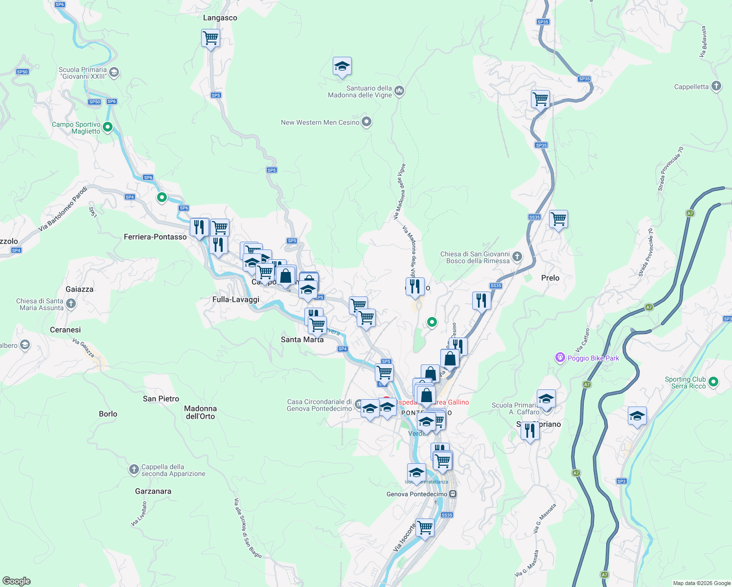 map of restaurants, bars, coffee shops, grocery stores, and more near 93i Via Campomorone in Genova