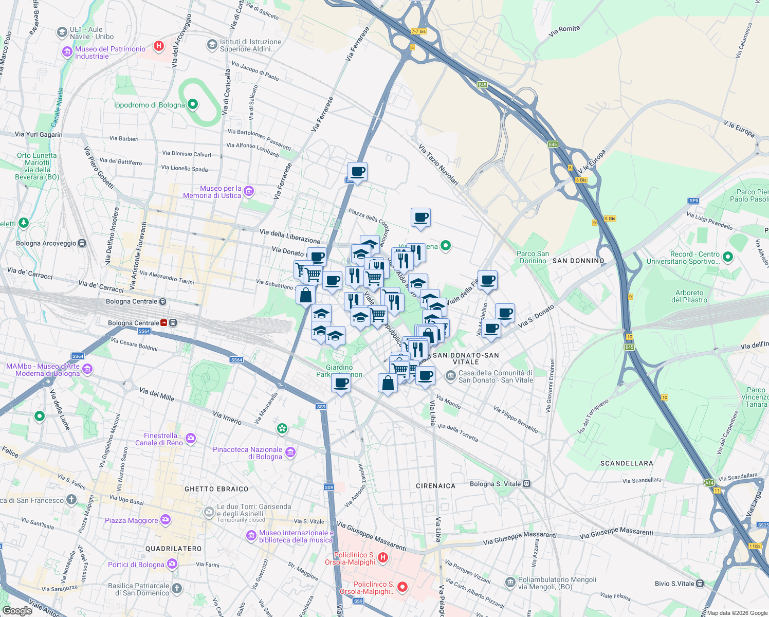 map of restaurants, bars, coffee shops, grocery stores, and more near 29 Viale della Repubblica in Bologna
