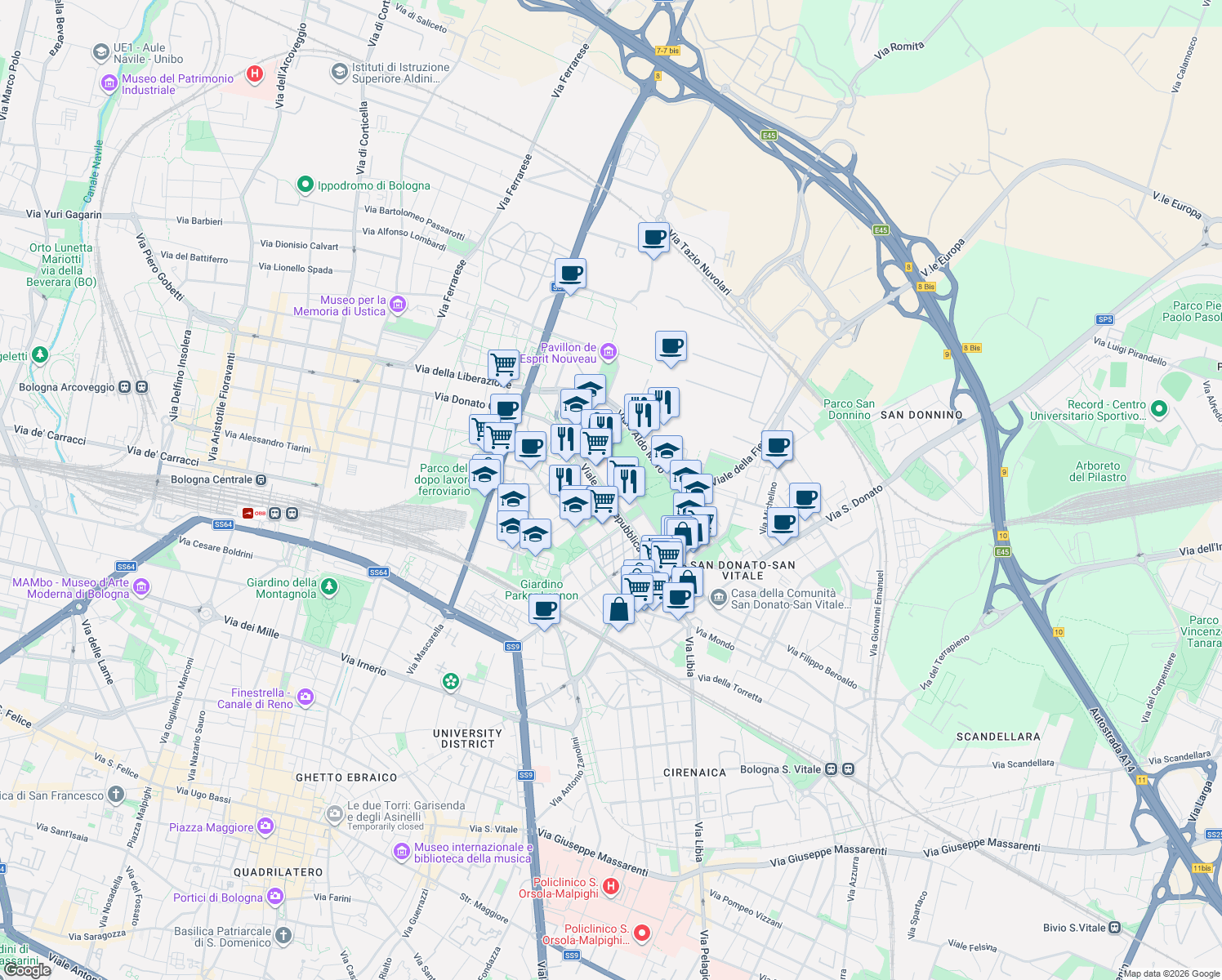 map of restaurants, bars, coffee shops, grocery stores, and more near 29 Viale della Repubblica in Bologna