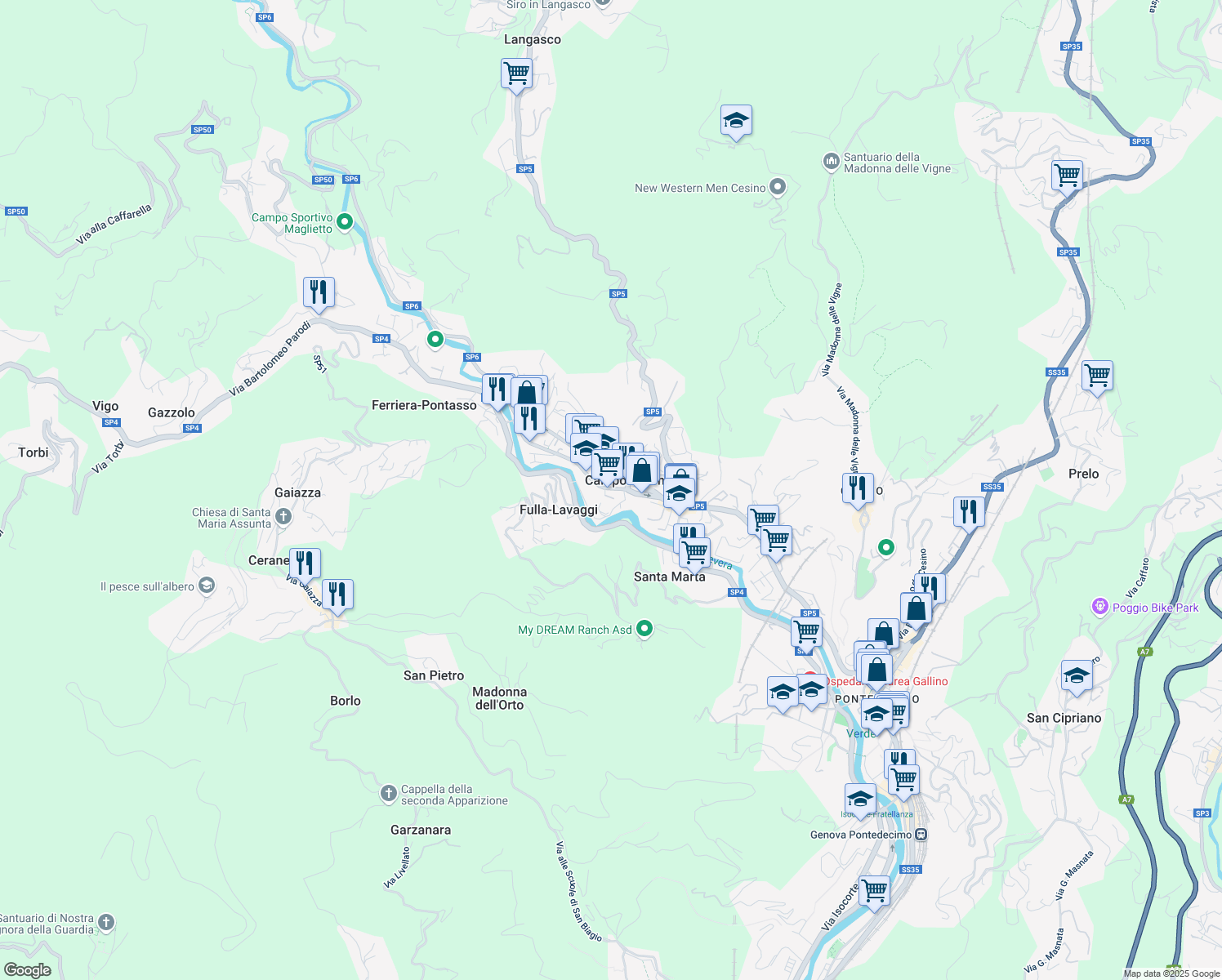 map of restaurants, bars, coffee shops, grocery stores, and more near 103r Via Martiri della Libertà in Campomorone
