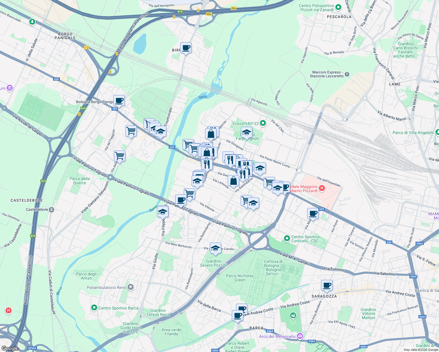 map of restaurants, bars, coffee shops, grocery stores, and more near 132 Via Emilia Ponente in Bologna