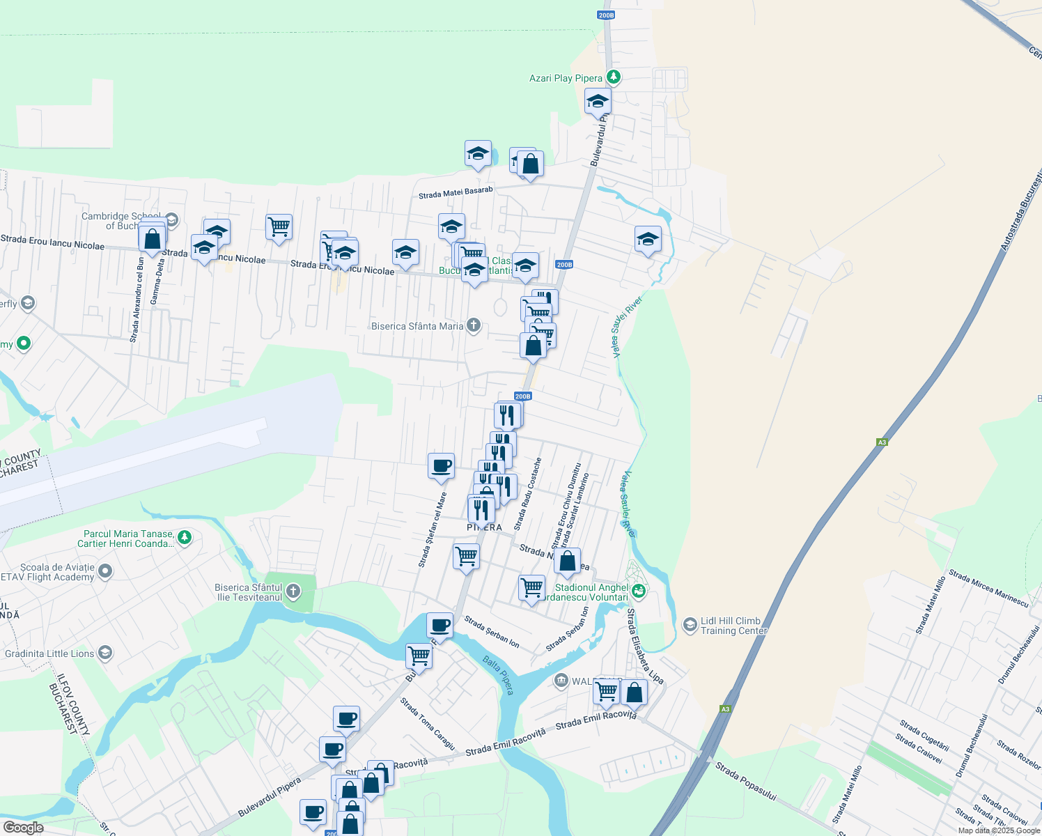 map of restaurants, bars, coffee shops, grocery stores, and more near 42 Bulevardul Pipera in Voluntari