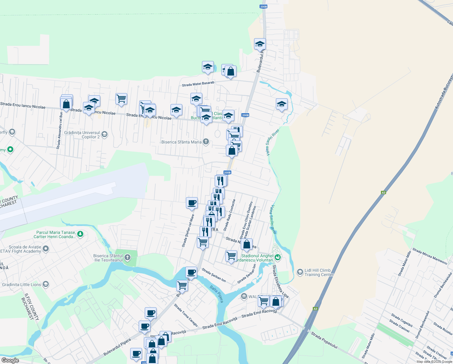 map of restaurants, bars, coffee shops, grocery stores, and more near 42 Bulevardul Pipera in Voluntari