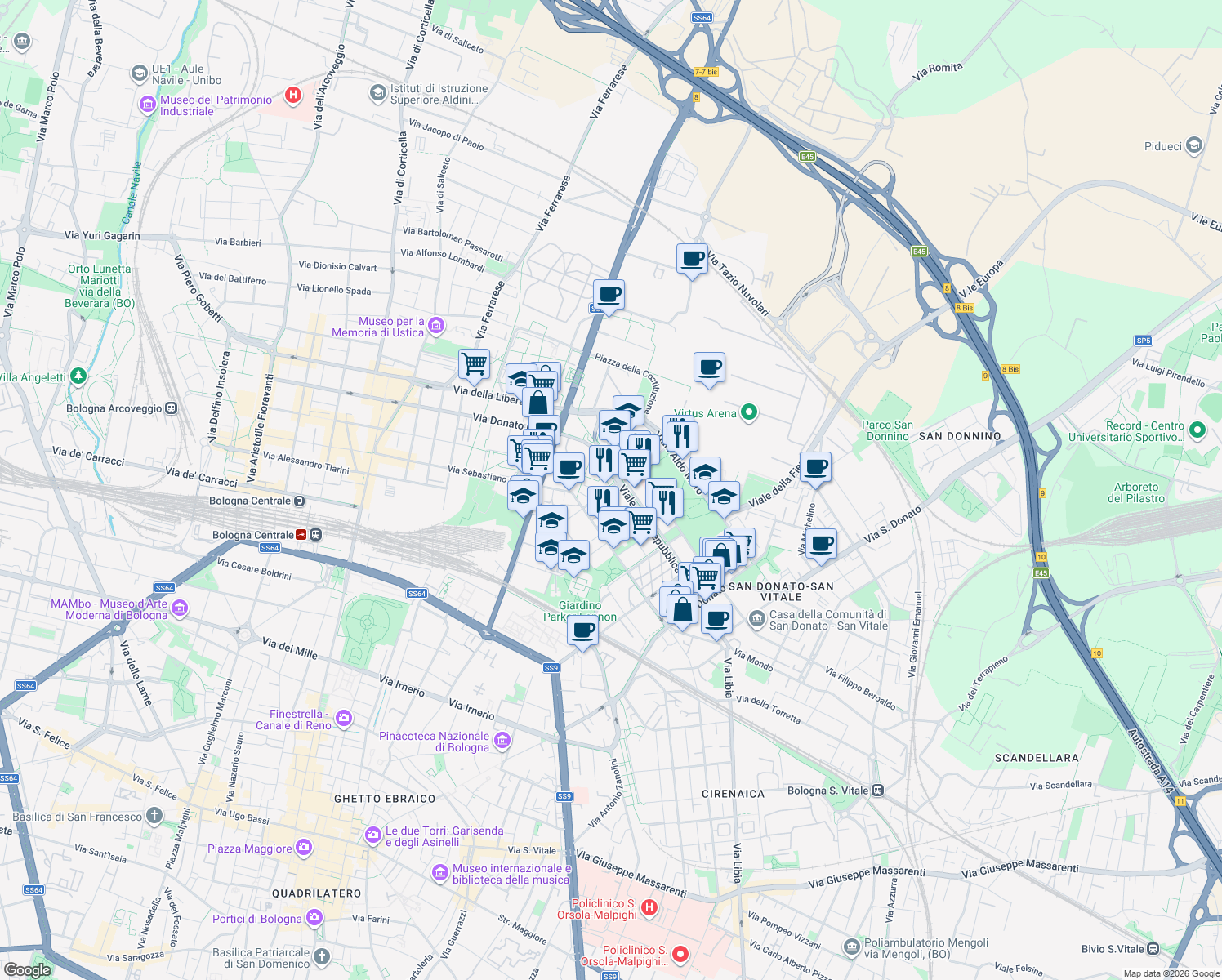 map of restaurants, bars, coffee shops, grocery stores, and more near in Bologna