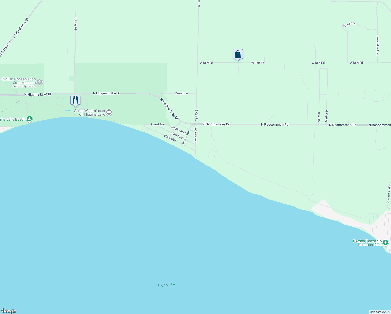 map of restaurants, bars, coffee shops, grocery stores, and more near 101 Saginaw Avenue in Roscommon