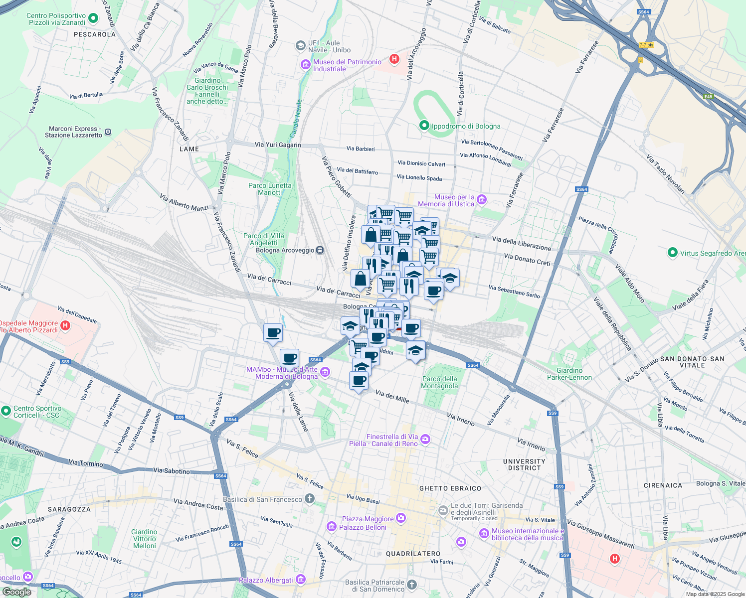 map of restaurants, bars, coffee shops, grocery stores, and more near 1 Via Aristotile Fioravanti in Bologna