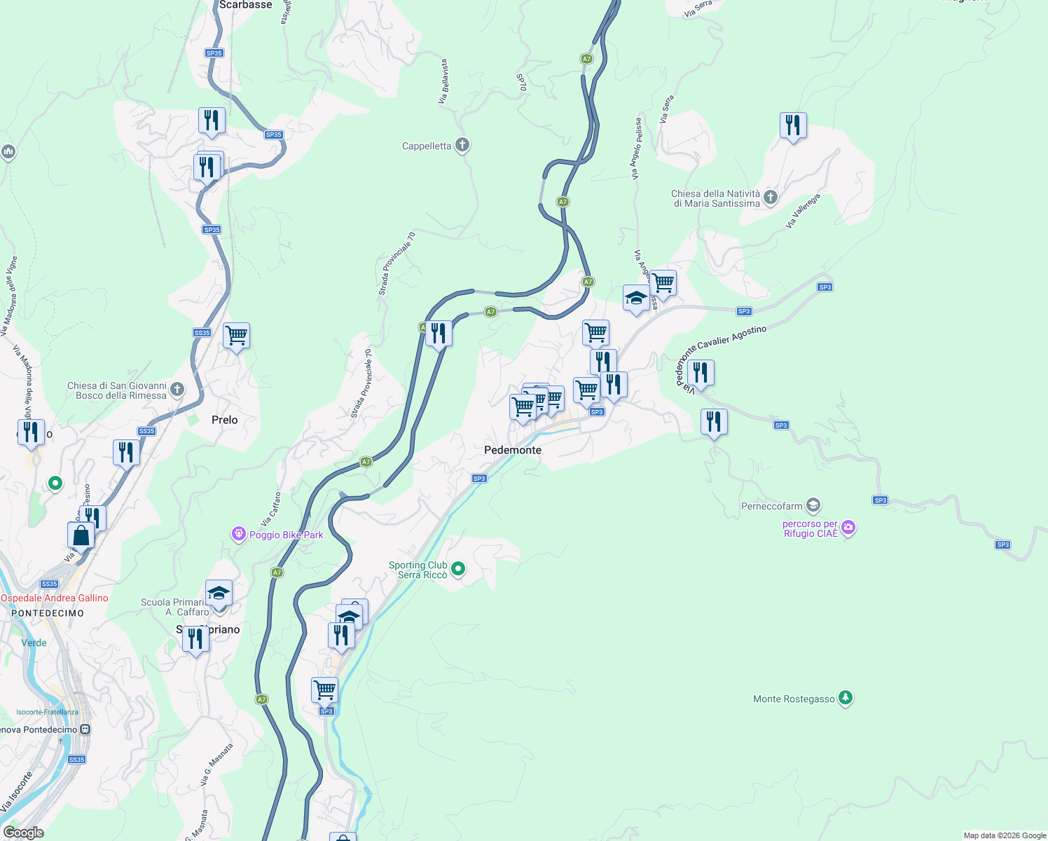 map of restaurants, bars, coffee shops, grocery stores, and more near 184 Via A. Medicina in Pedemonte