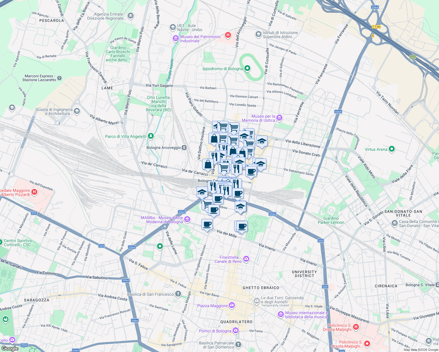 map of restaurants, bars, coffee shops, grocery stores, and more near 55 Via dè Carracci in Bologna