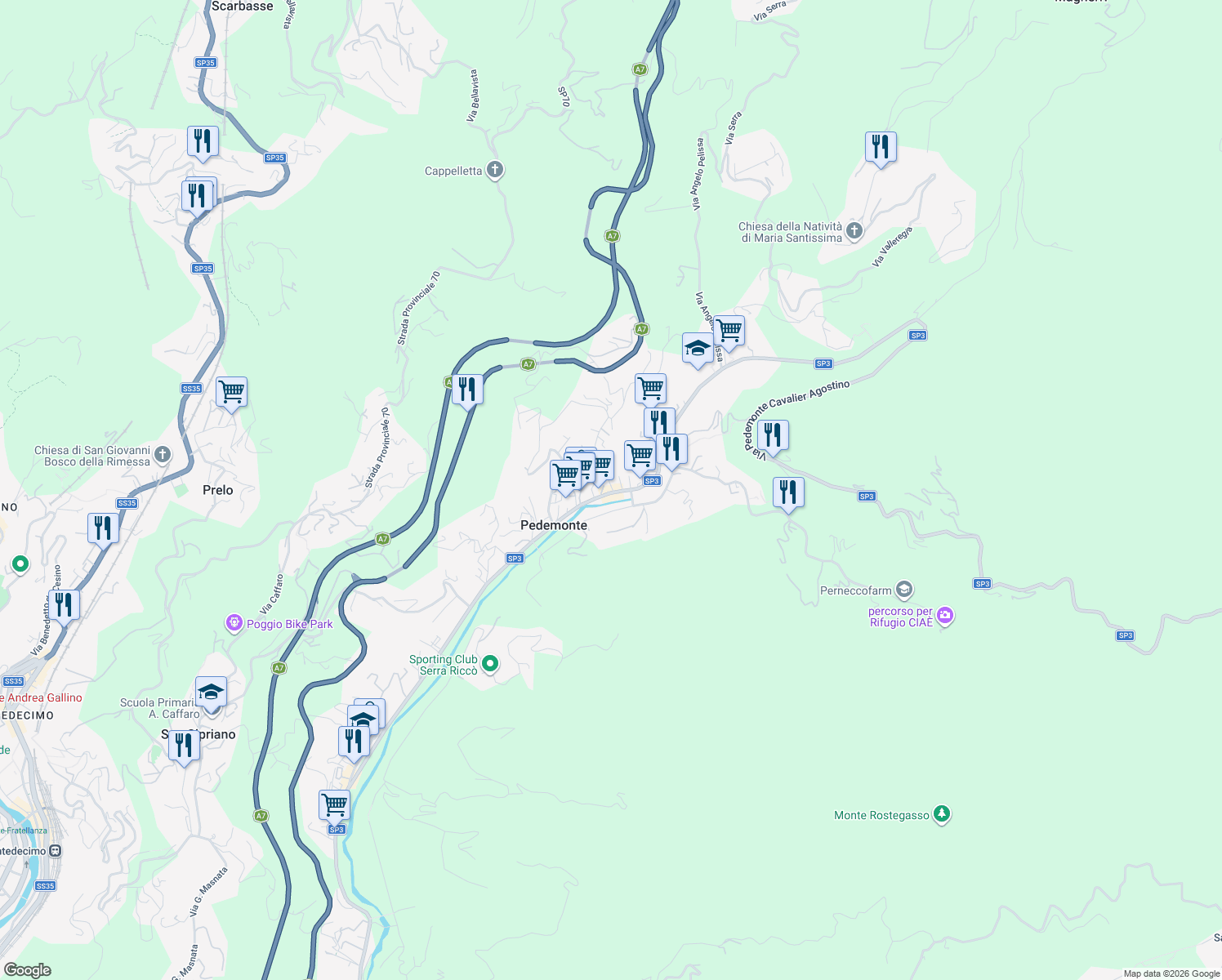 map of restaurants, bars, coffee shops, grocery stores, and more near 98A Via Medicina in Pedemonte