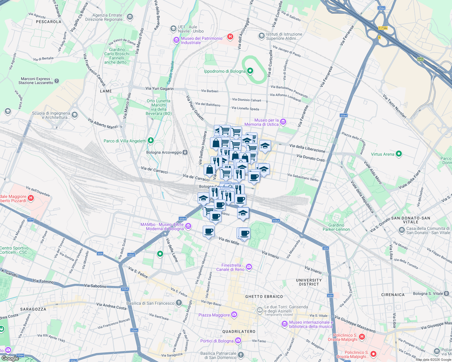 map of restaurants, bars, coffee shops, grocery stores, and more near 55 Via Dè Carracci in Bologna
