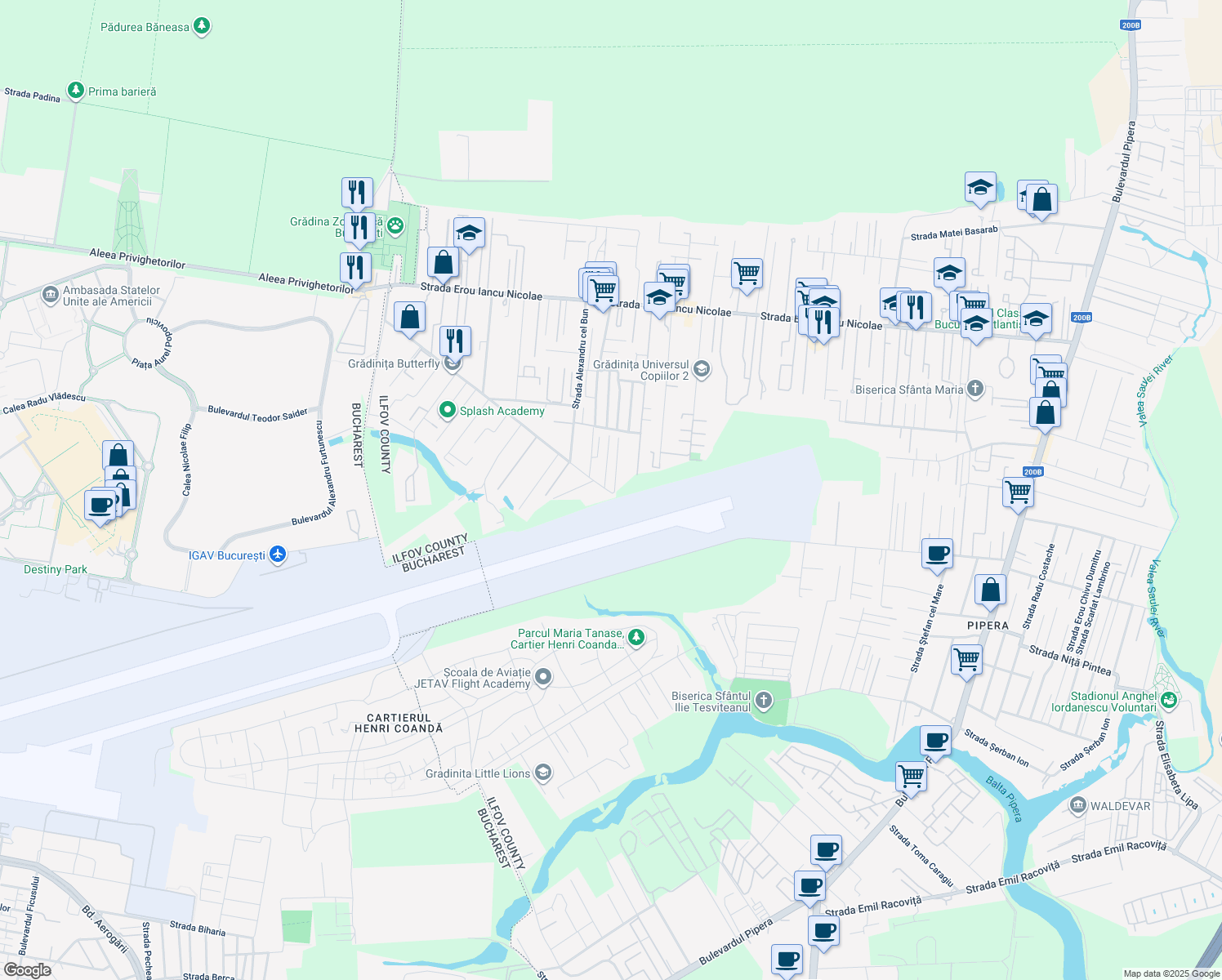 map of restaurants, bars, coffee shops, grocery stores, and more near Drumul Potcoavei in Voluntari
