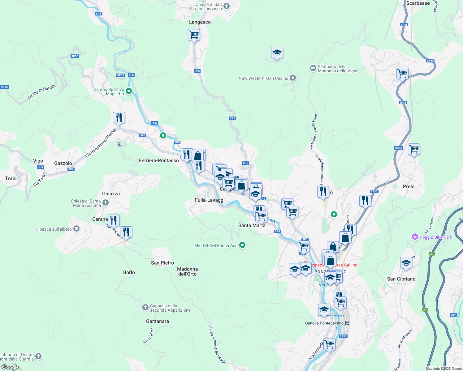 map of restaurants, bars, coffee shops, grocery stores, and more near Strada Provinciale 6 in Campomorone