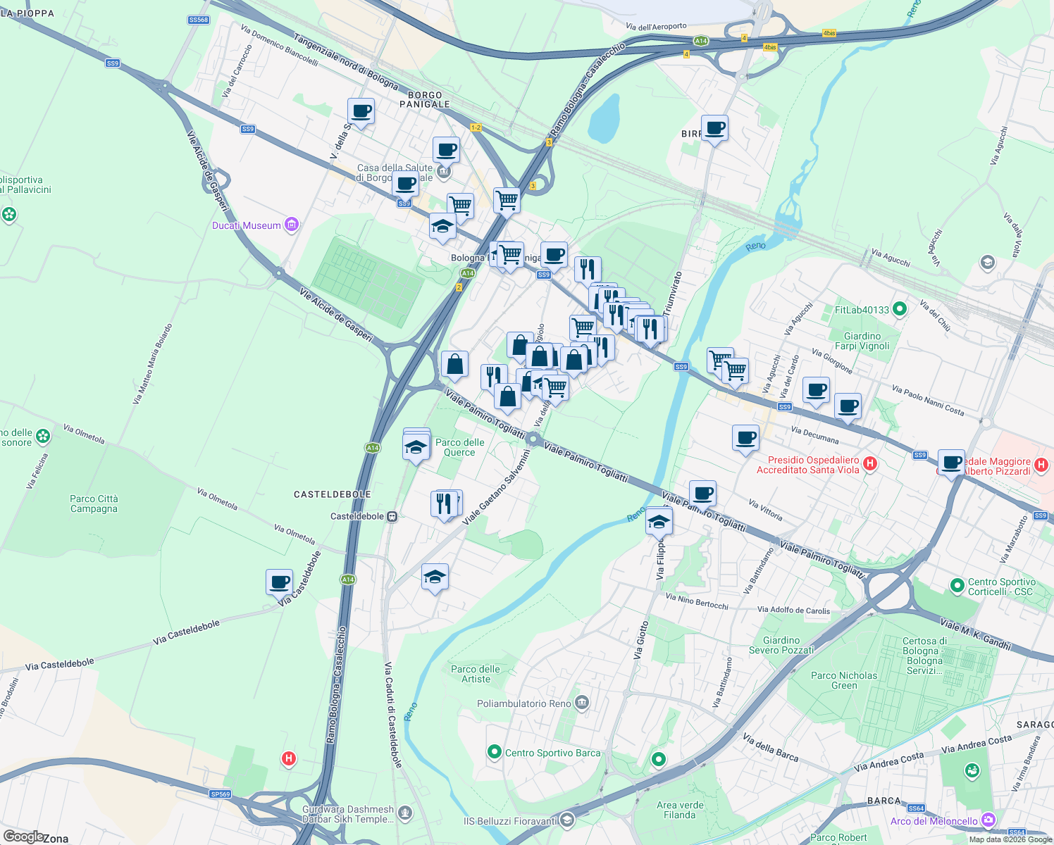 map of restaurants, bars, coffee shops, grocery stores, and more near 23 Via Luigi Capuana in Bologna