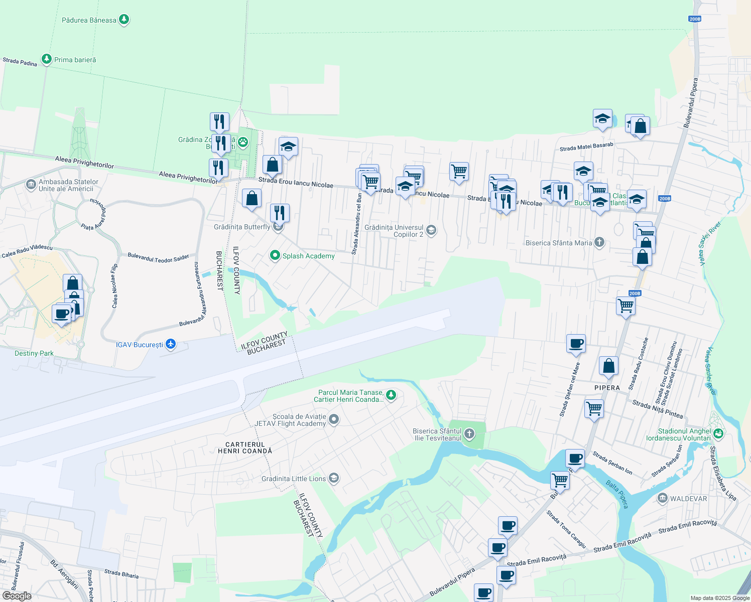 map of restaurants, bars, coffee shops, grocery stores, and more near Drumul Potcoavei in Voluntari