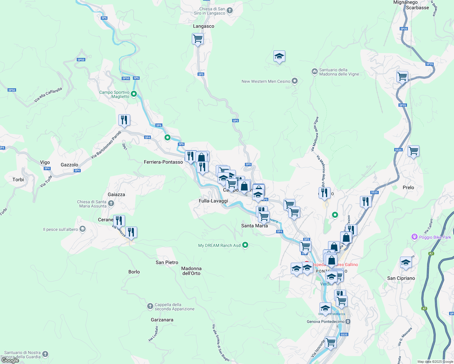 map of restaurants, bars, coffee shops, grocery stores, and more near 40 Via Alcide De Gasperi in Campomorone