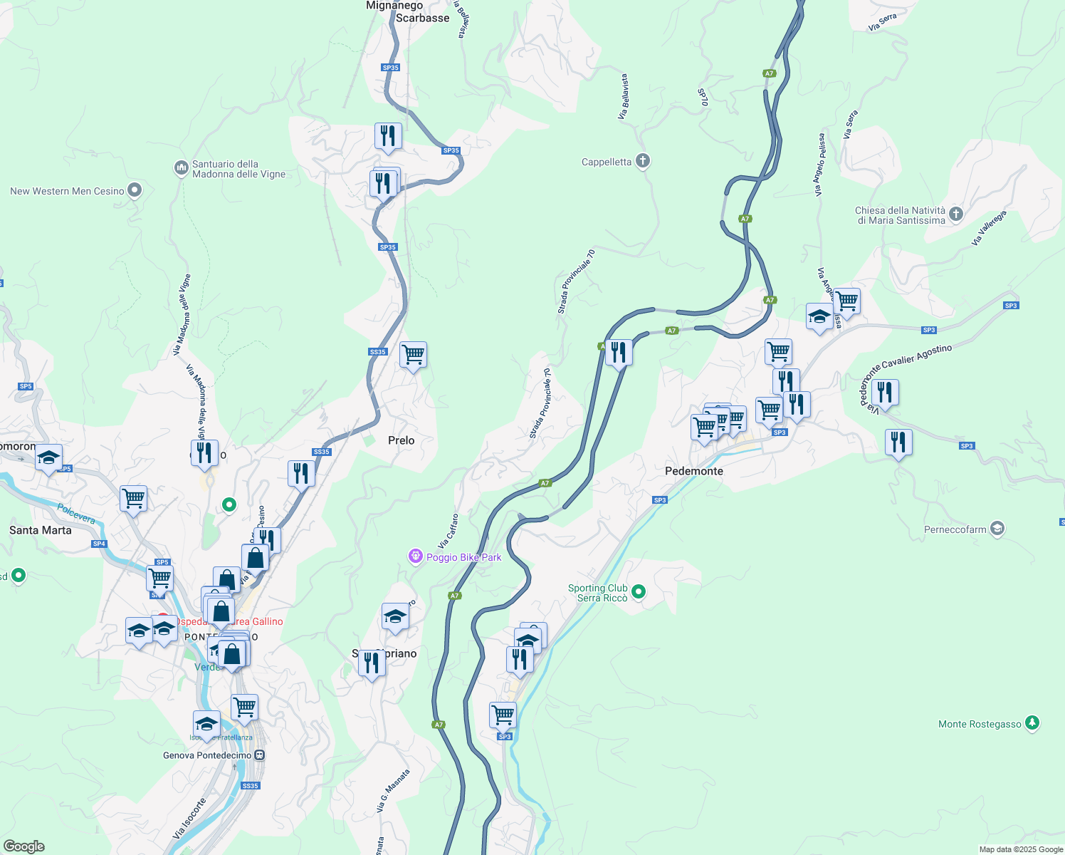 map of restaurants, bars, coffee shops, grocery stores, and more near 45 Via Caffaro in Pedemonte