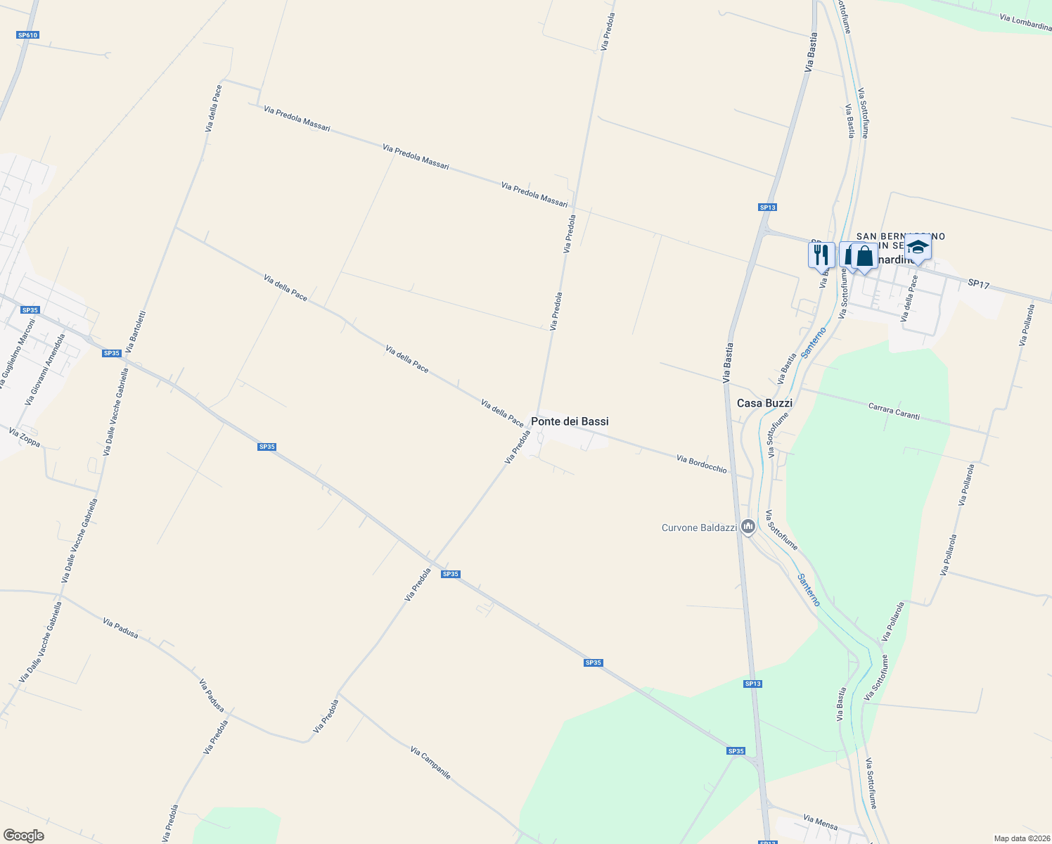 map of restaurants, bars, coffee shops, grocery stores, and more near 25 Via della Pace in Provincia di Ravenna