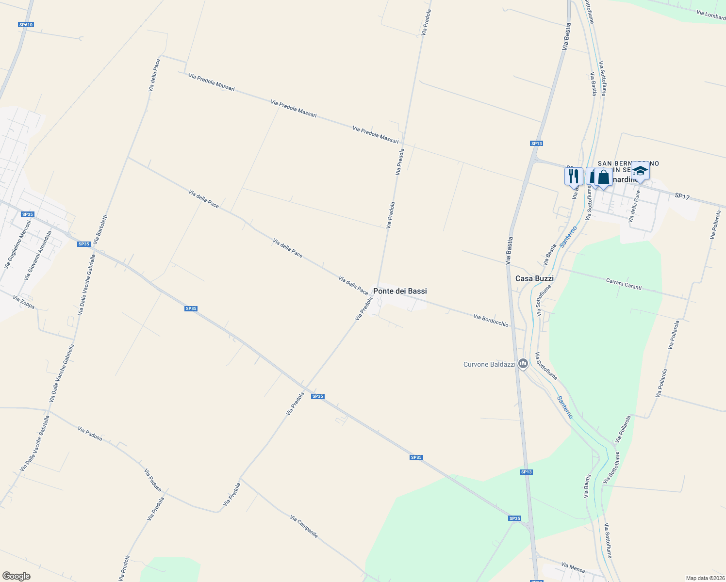 map of restaurants, bars, coffee shops, grocery stores, and more near 25 Via della Pace in Provincia di Ravenna