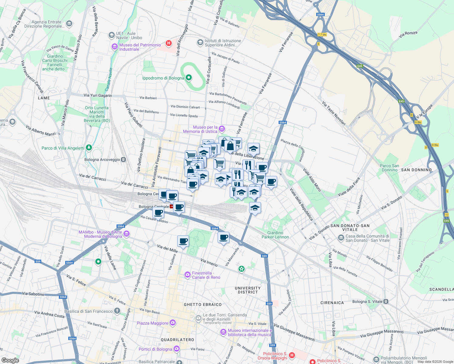 map of restaurants, bars, coffee shops, grocery stores, and more near Via Sebastiano Serlio in Bologna