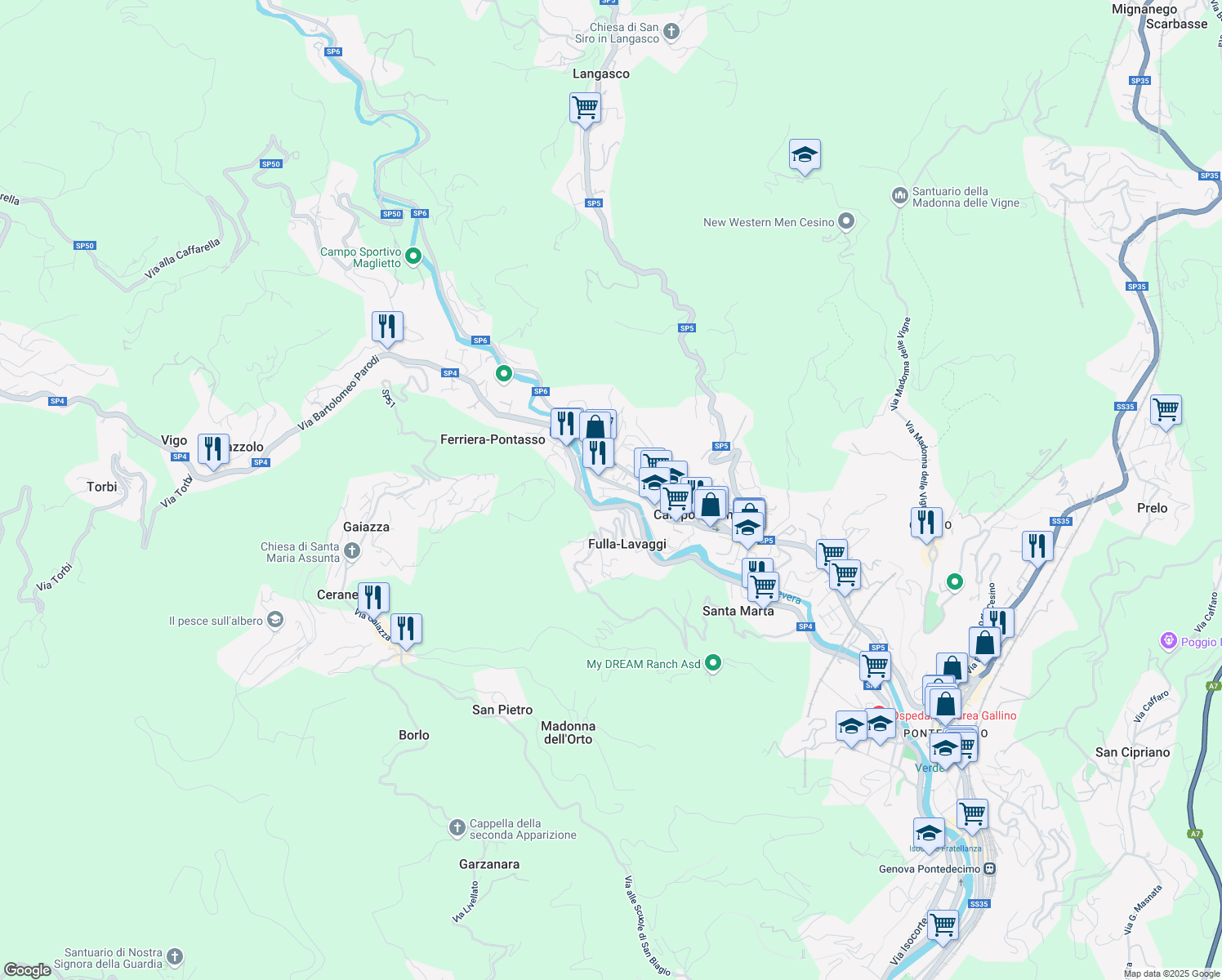 map of restaurants, bars, coffee shops, grocery stores, and more near Strada Provinciale 4 in Genoa