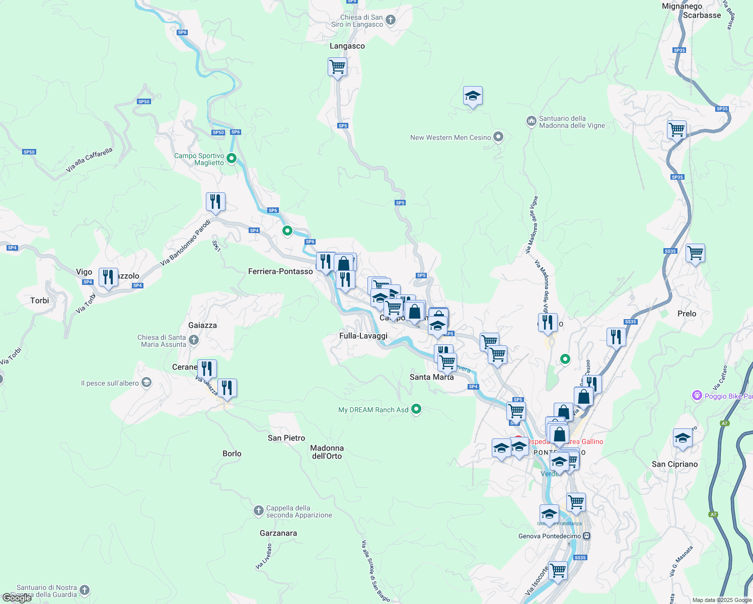 map of restaurants, bars, coffee shops, grocery stores, and more near 185 Via Martiri della Libertà in Campomorone