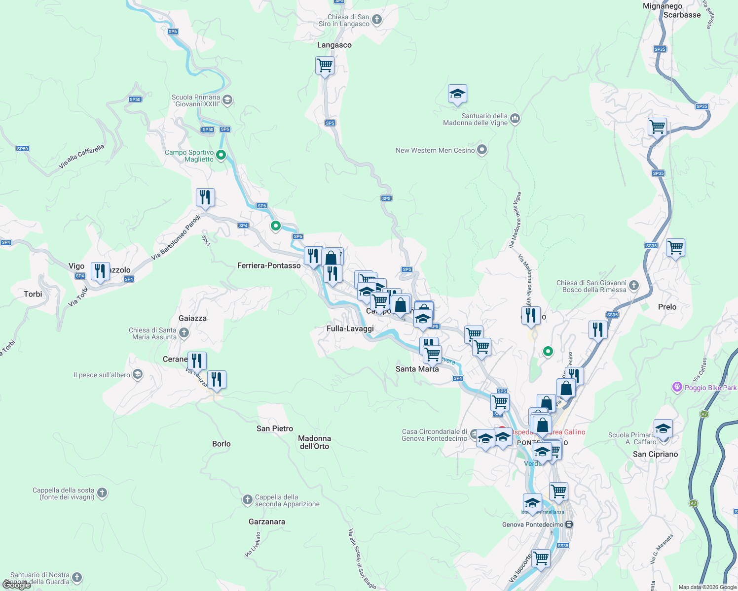 map of restaurants, bars, coffee shops, grocery stores, and more near 185 Via Martiri della Libertà in Campomorone